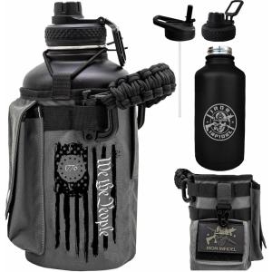 imageIron Infidel Battle Bottle  Half Gallon Insulated Water Bottle with Paracord Handle  Large 64 oz Stainless Steel Water Jug ampamp Rugged Removable Sleeve For Keys Wallet Phone Black Camo 2 Liter64oz  Betsy Ross