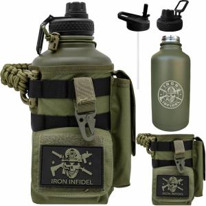 imageIron Infidel Battle Bottle  Half Gallon Insulated Water Bottle with Paracord Handle  Large 64 oz Stainless Steel Water Jug ampamp Rugged Removable Sleeve For Keys Wallet Phone Black Camo 2 Liter64oz  Gangrene