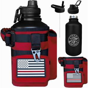 imageIron Infidel Battle Bottle  Half Gallon Insulated Water Bottle with Paracord Handle  Large 64 oz Stainless Steel Water Jug ampamp Rugged Removable Sleeve For Keys Wallet Phone Black Camo 2 Liter64oz  Red Line