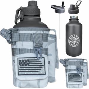 imageIron Infidel Battle Bottle  Half Gallon Insulated Water Bottle with Paracord Handle  Large 64 oz Stainless Steel Water Jug ampamp Rugged Removable Sleeve For Keys Wallet Phone Black Camo 2 Liter64oz  Arctic Camo