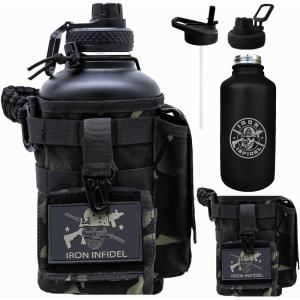 imageIron Infidel Battle Bottle  Half Gallon Insulated Water Bottle with Paracord Handle  Large 64 oz Stainless Steel Water Jug ampamp Rugged Removable Sleeve For Keys Wallet Phone Black Camo 2 Liter64oz  Black Camo