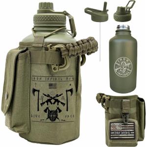 imageIron Infidel Battle Bottle  Half Gallon Insulated Water Bottle with Paracord Handle  Large 64 oz Stainless Steel Water Jug ampamp Rugged Removable Sleeve For Keys Wallet Phone Black Camo 2 Liter64oz  Live Free