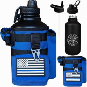 imageIron Infidel Battle Bottle  Half Gallon Insulated Water Bottle with Paracord Handle  Large 64 oz Stainless Steel Water Jug ampamp Rugged Removable Sleeve For Keys Wallet Phone Black Camo 2 Liter64oz  Blue Line