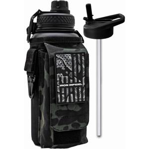 imageIron Infidel Battle Bottle  Half Gallon Insulated Water Bottle with Paracord Handle  Large 64 oz Stainless Steel Water Jug ampamp Rugged Removable Sleeve For Keys Wallet Phone Black Camo 2 Liter32oz  Black Camo