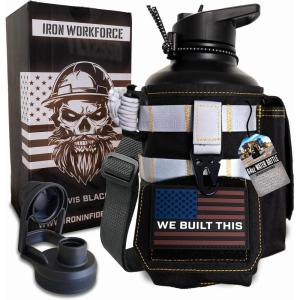 imageIron Infidel Workforce Water Bottle  64 oz Insulated Stainless Steel  Half Gallon Vacuum Water Jug  Paracord Handle Removable Sleeve  Large Thermal Flask  Hiking Camping Workouts RedBlack