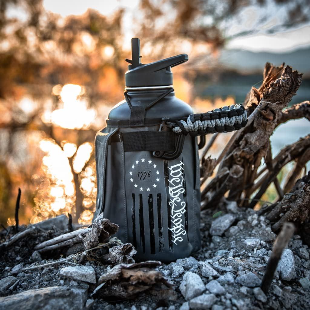 imageIron Infidel Battle Pack  Accessories Kit for Battle Bottle  Water Bottle Cap Replacements for 64 Oz or 32 Oz  Wide Mouth Lid Shoulder Strap Paracord Handle Morale Patch ampamp DecalBlackGrey