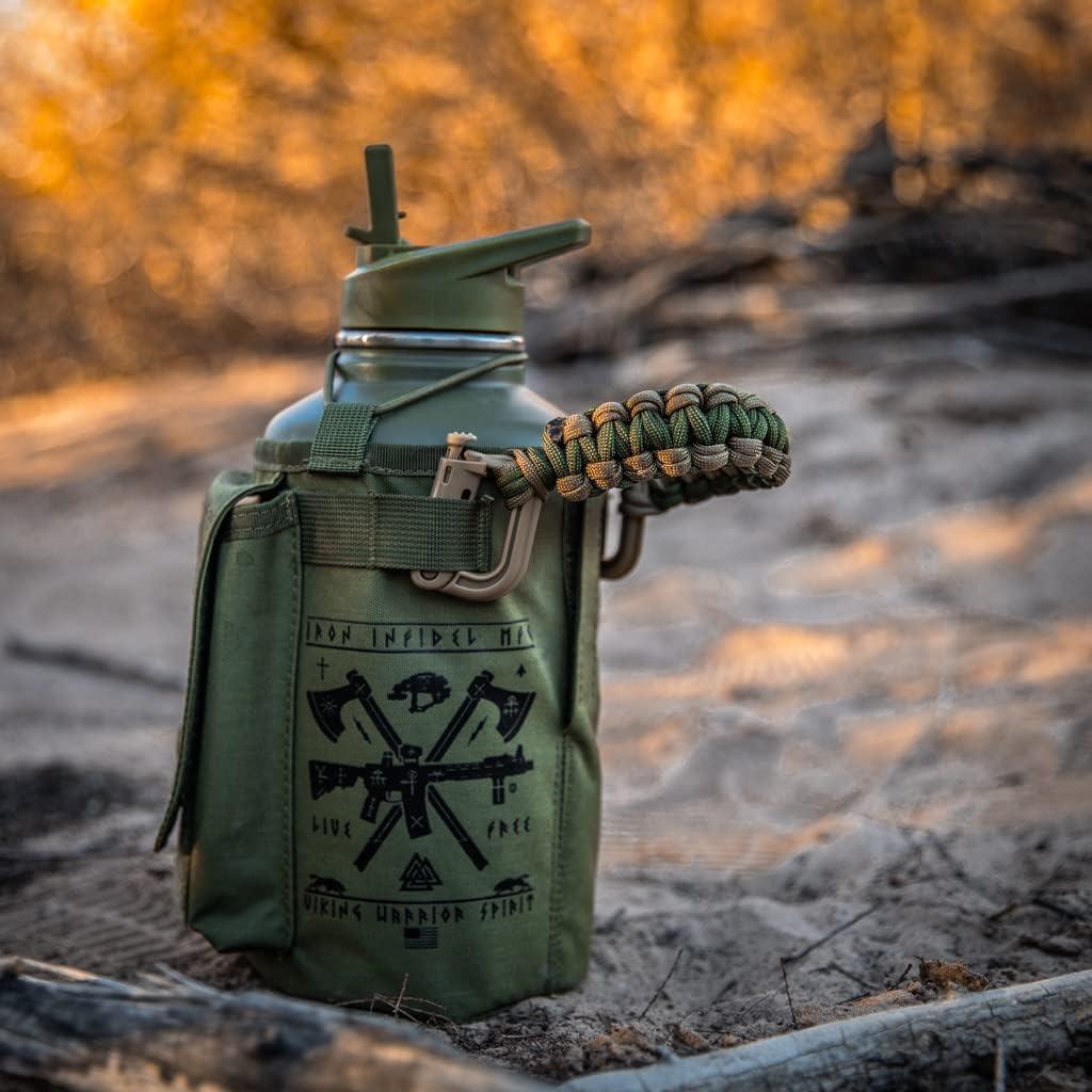 imageIron Infidel Battle Pack  Accessories Kit for Battle Bottle  Water Bottle Cap Replacements for 64 Oz or 32 Oz  Wide Mouth Lid Shoulder Strap Paracord Handle Morale Patch ampamp DecalGreenTan