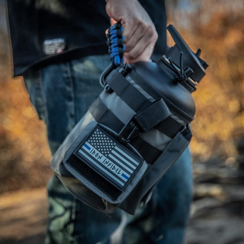 imageIron Infidel Battle Pack  Accessories Kit for Battle Bottle  Water Bottle Cap Replacements for 64 Oz or 32 Oz  Wide Mouth Lid Shoulder Strap Paracord Handle Morale Patch ampamp DecalBlue Line