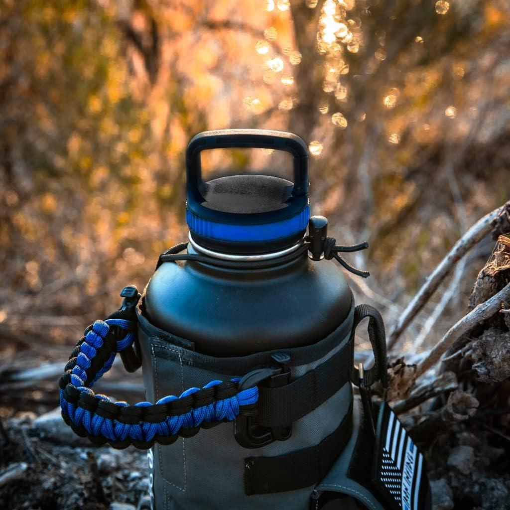 imageIron Infidel Battle Pack  Accessories Kit for Battle Bottle  Water Bottle Cap Replacements for 64 Oz or 32 Oz  Wide Mouth Lid Shoulder Strap Paracord Handle Morale Patch ampamp DecalBlue Line