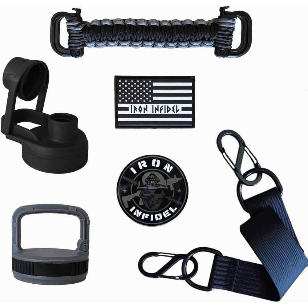 imageIron Infidel Battle Pack  Accessories Kit for Battle Bottle  Water Bottle Cap Replacements for 64 Oz or 32 Oz  Wide Mouth Lid Shoulder Strap Paracord Handle Morale Patch ampamp DecalBlackGrey