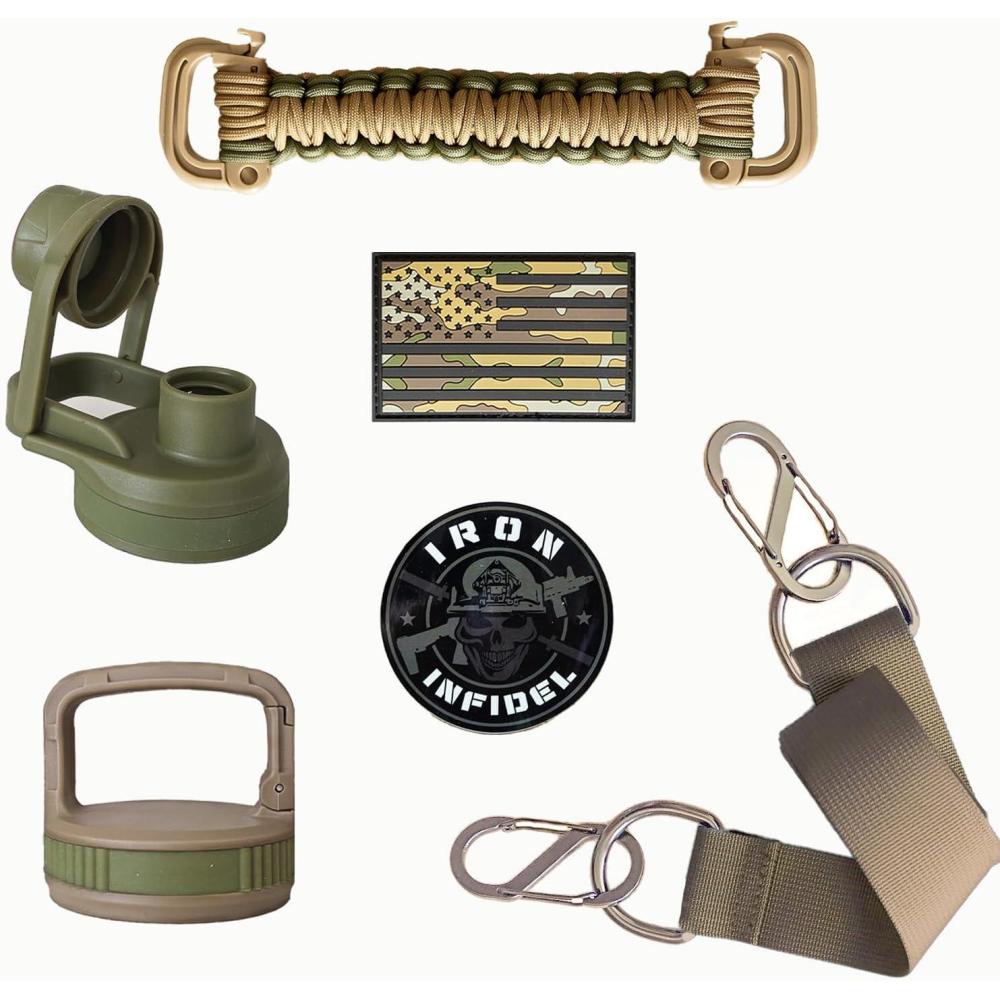 imageIron Infidel Battle Pack  Accessories Kit for Battle Bottle  Water Bottle Cap Replacements for 64 Oz or 32 Oz  Wide Mouth Lid Shoulder Strap Paracord Handle Morale Patch ampamp DecalGreenTan