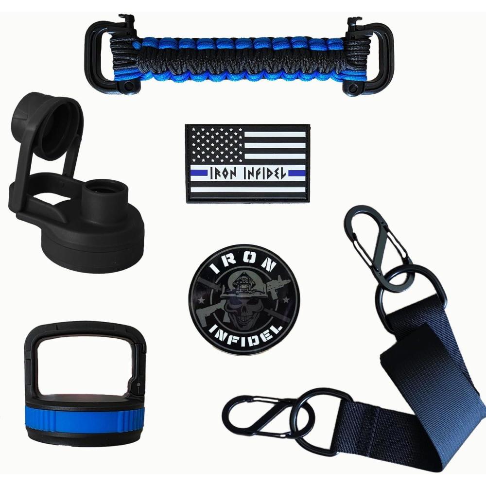 imageIron Infidel Battle Pack  Accessories Kit for Battle Bottle  Water Bottle Cap Replacements for 64 Oz or 32 Oz  Wide Mouth Lid Shoulder Strap Paracord Handle Morale Patch ampamp DecalBlue Line