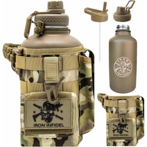 imageIron Infidel Battle Bottle  Half Gallon Water Bottle Insulated 64 oz Tactical Stainless Steel Water Jug with Handle  Gym Water Bottle with Rugged Sleeve for Storage Cobalt 2 Liter64oz  Camo OCP
