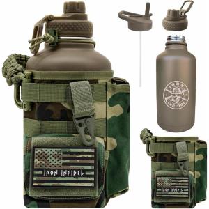 imageIron Infidel Battle Bottle  Half Gallon Water Bottle Insulated 64 oz Tactical Stainless Steel Water Jug with Handle  Gym Water Bottle with Rugged Sleeve for Storage Cobalt 2 Liter64oz  Woodland Camo